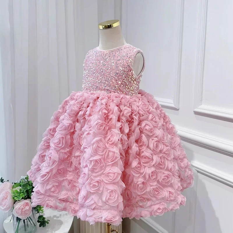 Girls 3D Rose Princess Dress 1-10 Years Old Fashionable Sequin High end Fluffy Dress Carnival Birthday Party Performance Dress