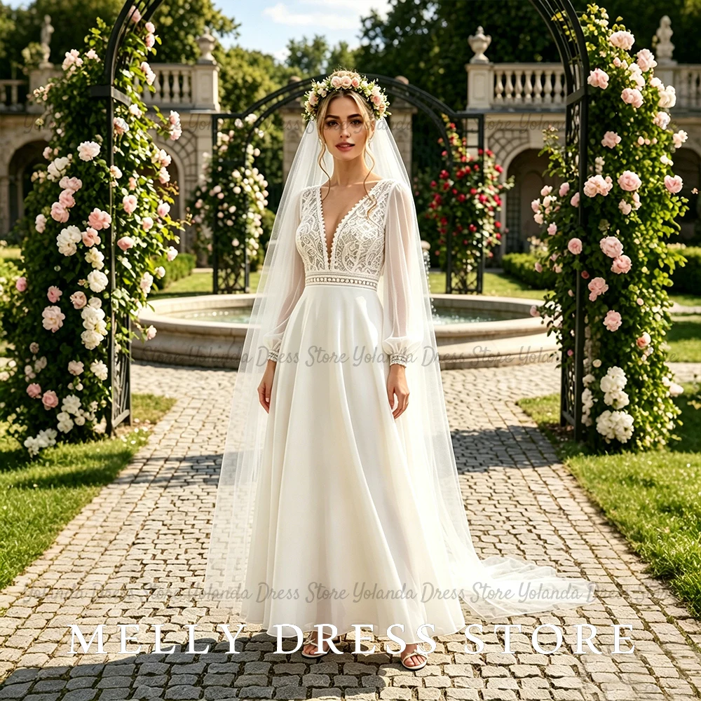 Melly Hochzeitskleid, schlichtes, böhmisches Brautkleid mit V-Ausschnitt, Illusion-Spitzenapplikation, A-Linie, Brautkleid, individuell gestaltet