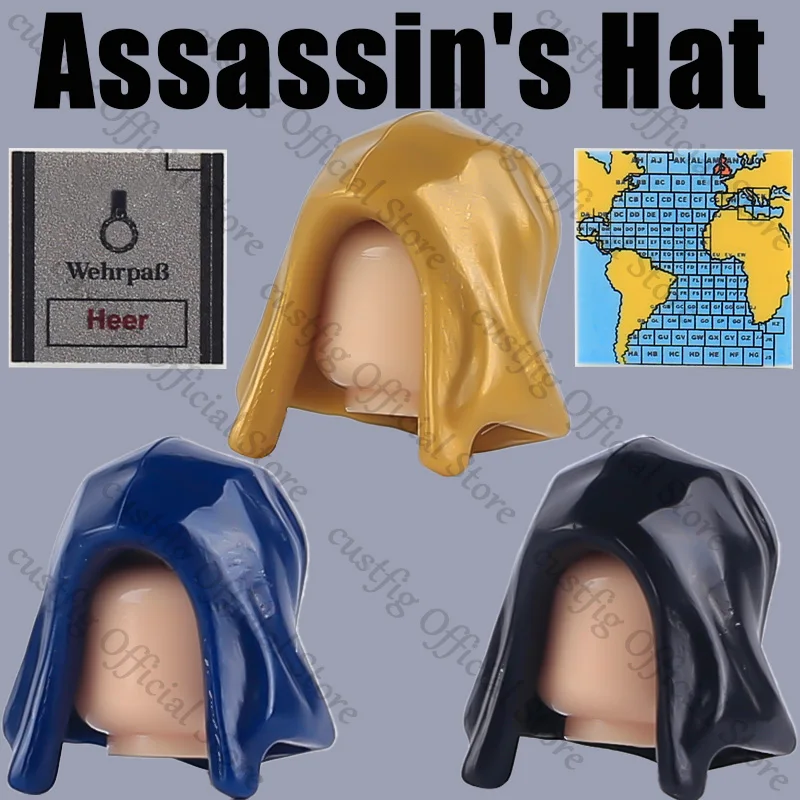 Militärischer Krieg, Assassinen, Soldaten, Figuren, Hut, bedruckt, Zubehör, Baustein, Karte, Ritter, Helm, Hut, Elfenfrisur, MOC-Ziegelspielzeug