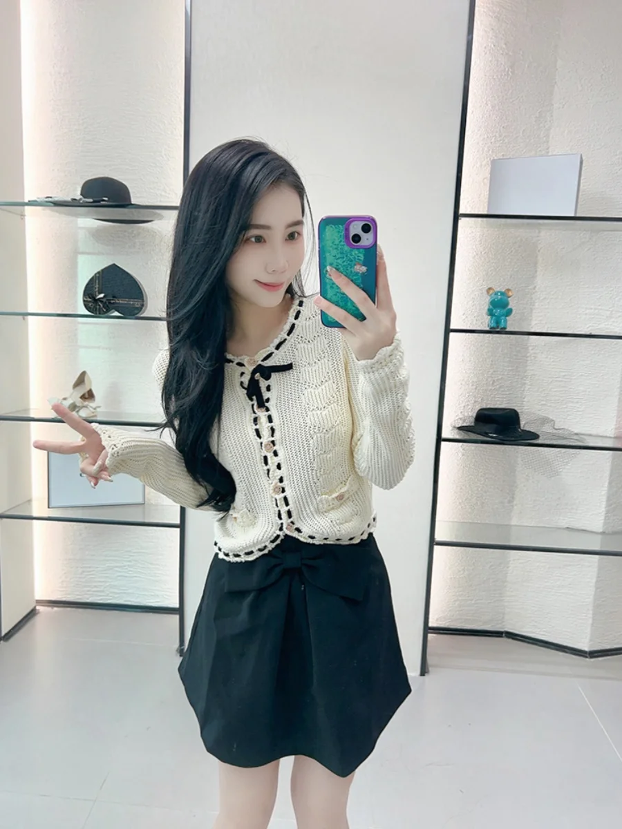 

Новый летний высококачественный сенсационный маленький ароматный узел, круглый вязаный свитер Ne, женский кардиган