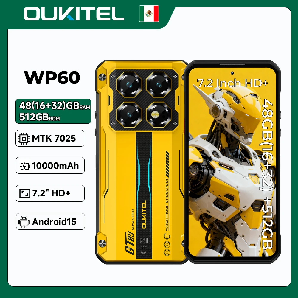 OUKITEL WP60 Teléfono Resistente de 10000 mAh, Pantalla HD+ de 7.2”, 48 GB (16+32) + 512 GB, MTK 7025, NFC, Smartphone Android 15, Cámara de 108 MP, 120 Hz