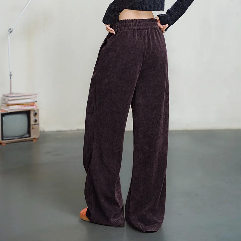 

Однотонные спортивные штаны из синели в стиле ретро, повседневные свободные прямые брюки с эластичной резинкой на талии и шнурком для женских осенних брюк