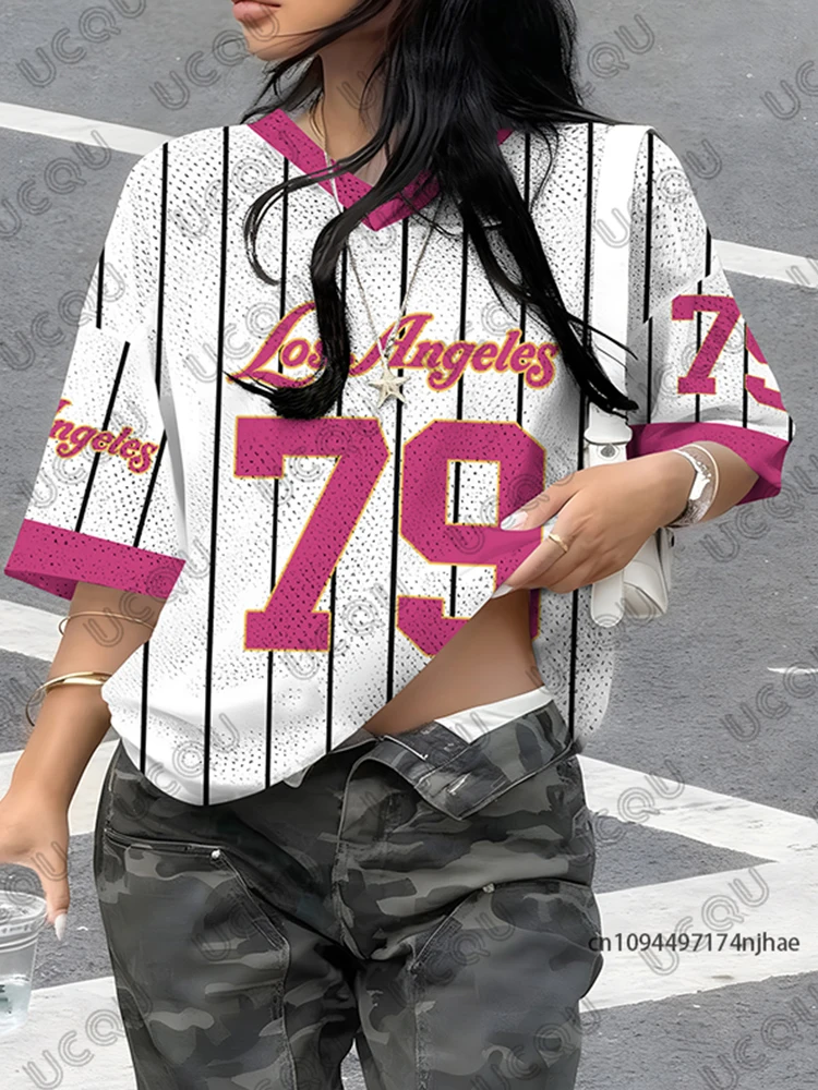Camiseta extragrande para mujer con cuello en V, camiseta deportiva con estampado de Los Ángeles No.79, camiseta informal Y2k, camiseta de fútbol
