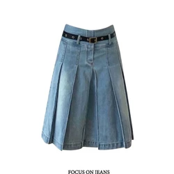 American Vintage Women's Denim Mid-lenth Skirts Summer New Y2K Gothic High Waist A-line Pleated Skirt Harajuku Girls Streetwear