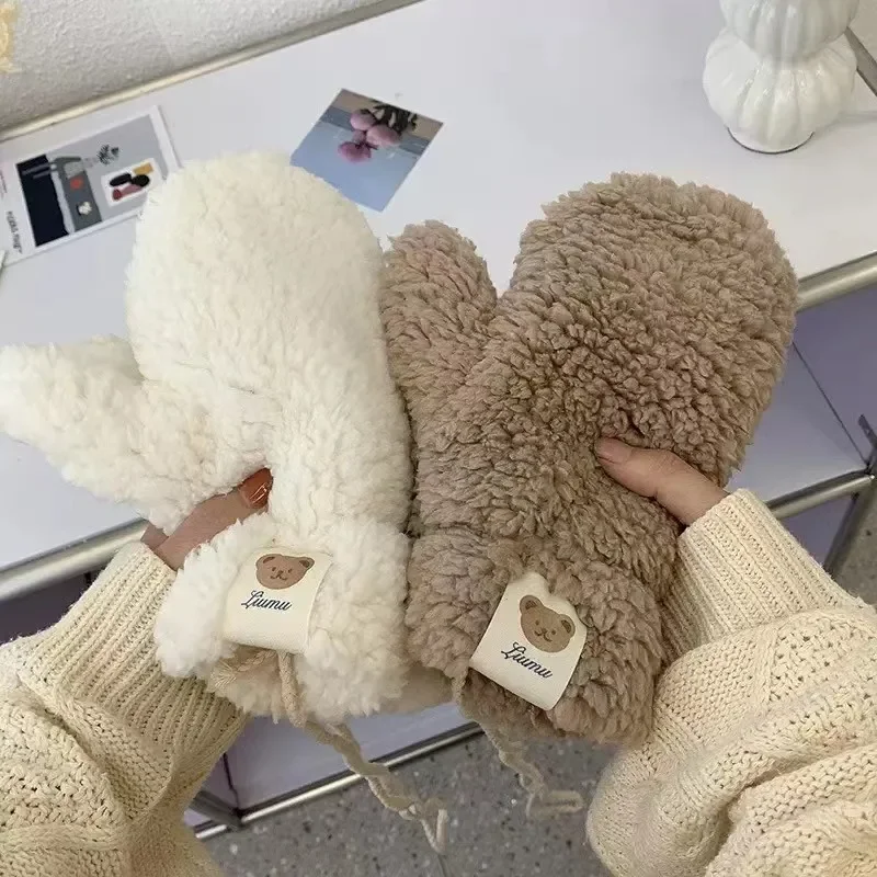 Cute Plush Little Bear Gloves Women Cartoon Winter Wool Fleece Thicken Warm Hanging Neck Mittens Windproof Cold-proof Gloves