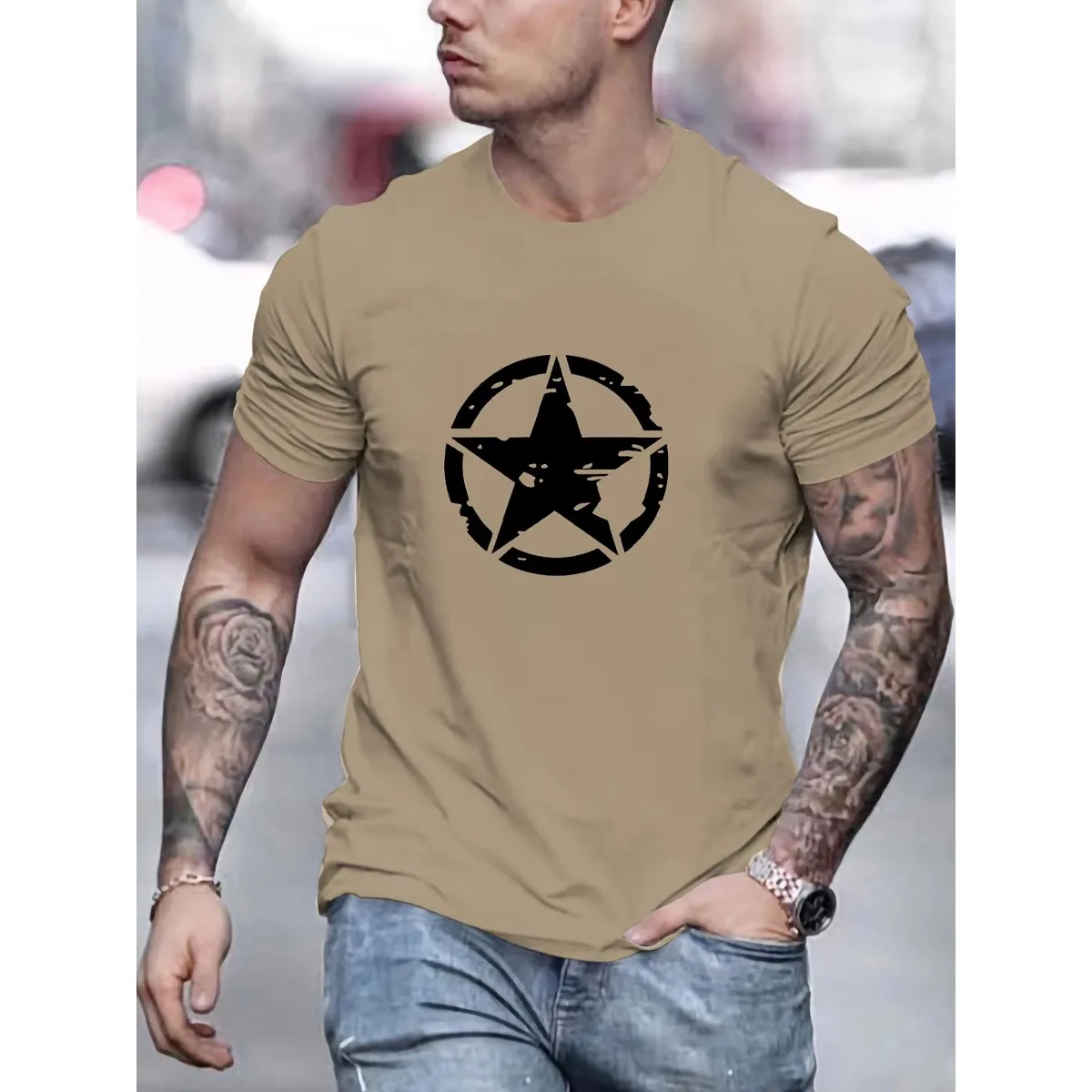

2025 new summer men's 100% pure cotton comfortable casual loose big star printing sports round neck short sleeve tide