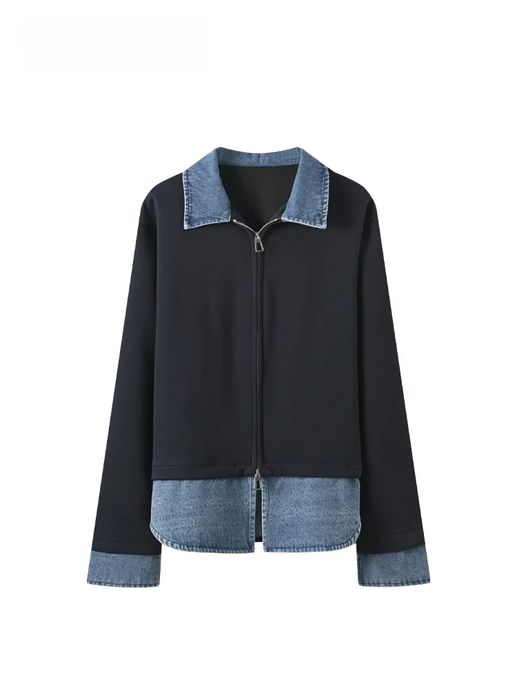 

Женская джинсовая куртка CaraCLUB большого размера с воротником и длинными рукавами, новинка ранней весны, имитация двухслойности, для полных женщин, с джинсовыми вставками