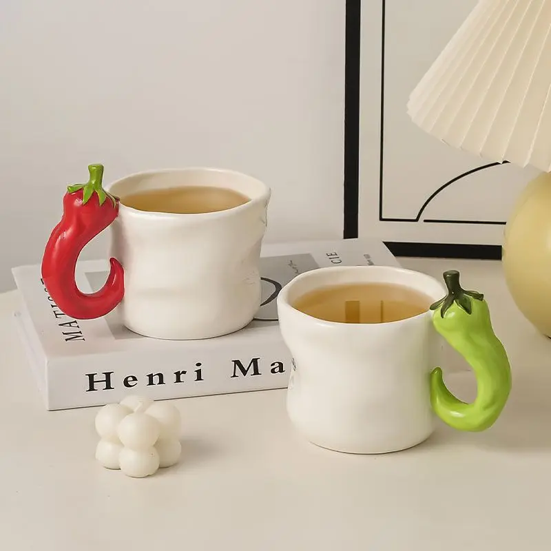 Perfect Creative Ceramic Funny Chili Pepper Couple Mugs Set Quirky Water Cup Birthday Present for Home Kitchen Decor