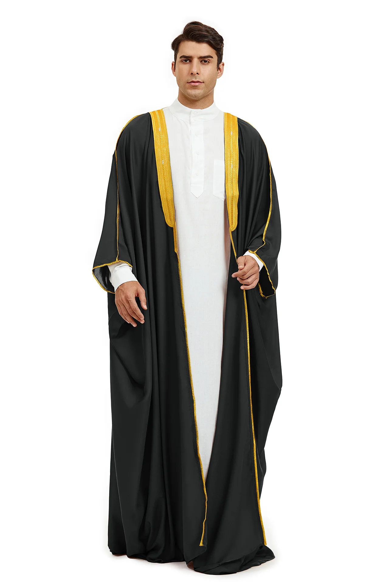 Saudi Arabic Men Bisht Robe Kimono Kaftan Muslim Prayer Islam Dress Dubai Jubba Thobe Abaya Turkey Eid Thoub Djellaba Dishdasha