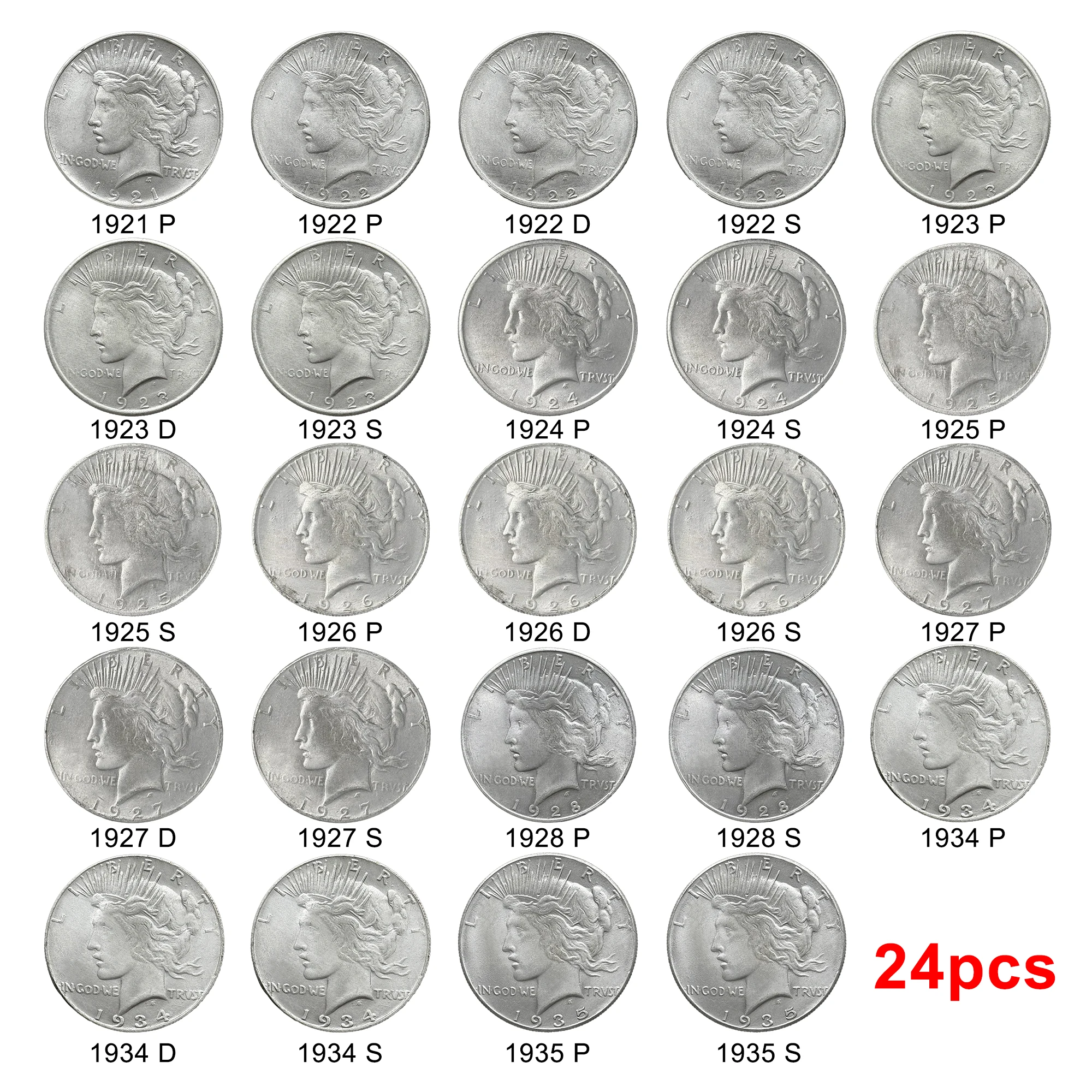 

24pcs US 1921-1935 Complete P S D Version Peace Dove Replica Collection Commemorative Coins Christmas Gifts Gold/Antique Medals