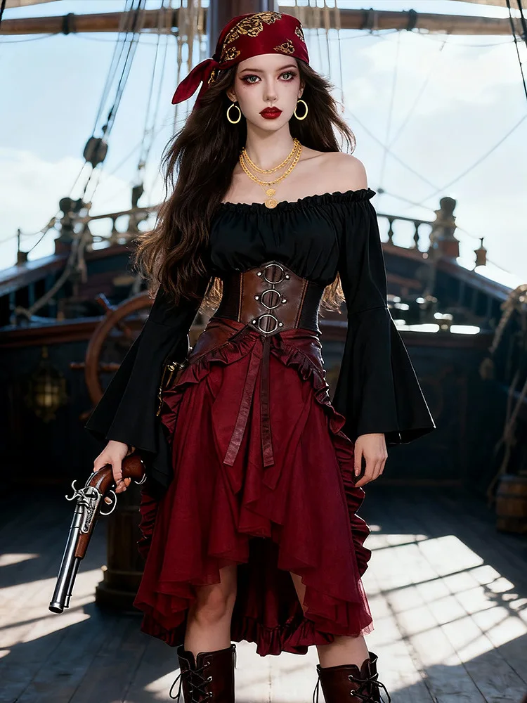 ชุดคอสเพลย์โจรสลัดยุคกลาง กระโปรงทรงบาน คาดเข็มขัดโลหะ แขนยาว สำหรับฮาโลวีน ชุดผู้หญิงสไตล์จีนดั้งเดิม...