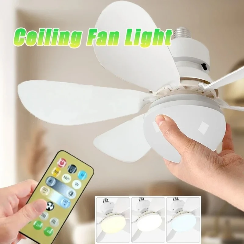 Cordless Light Socket Fan for Kitchen Bedroom Small Room LED Socket Fan Light with Remote Small Ceiling Fan with Light