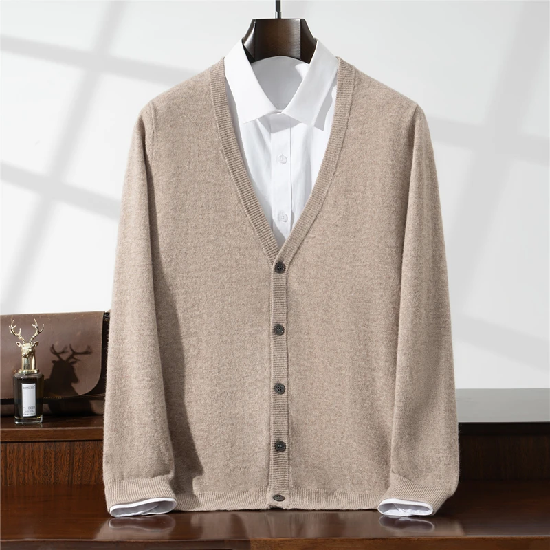 

DjzDsm New 100% Merino Wool Knitted Cardigan Men's V-Neck Sweater Casual Single Breasted Jacket Men's Long Sleeved Wool Sweater