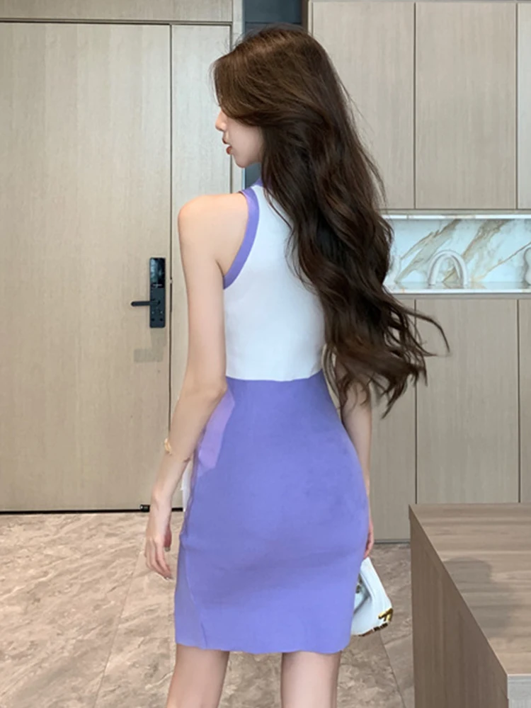 Delle donne Falso 2 Pezzi Maglia Sexy Senza Maniche Aderente Skinny Abito Corto O-Collo Sottile Cravatta Divisa Mini Abiti Mujer Partito Casual Nuovo