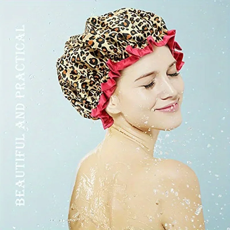 1PC Waterproof Shower Cap Leopard Print Double Layer Elastic Shower Hair Cover Reusable Wave Point Shower Cap Bathroom Supplies