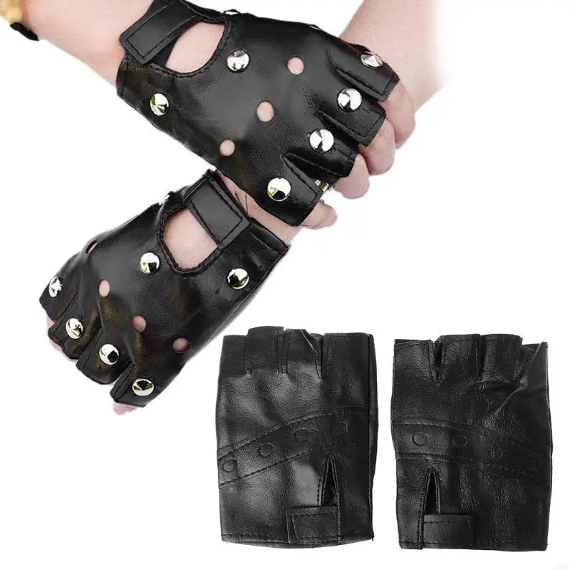 39BB Motor Punk Gloves Unisex Black Faux Leather Fingerless Solid Color Half Finger Motorcycle Driving Mittens for Women Men
