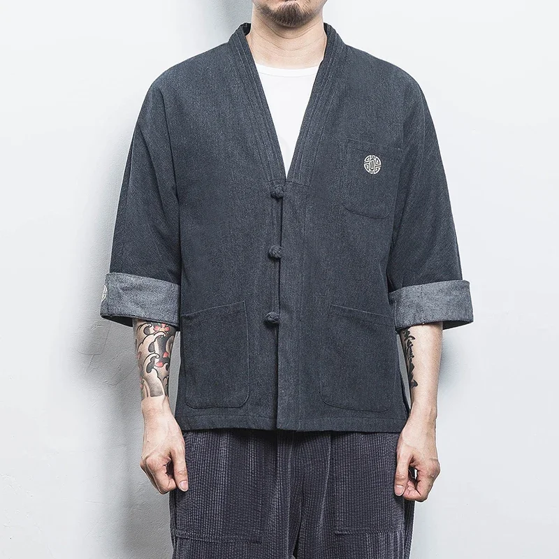 

Mens Denim Shirts Summer New Casual Cardigan Male Chinese Style Shirt Three Quarter Streetwear Open Stitch Shirts