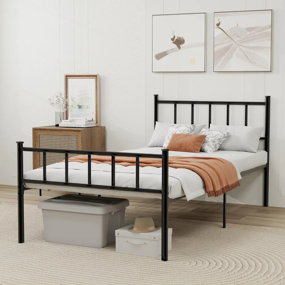 Sturdy Metal Twin Bed Frame with Headboard, Steel Slat Support, No Box Spring Needed, Easy Assembly, Black Finish
