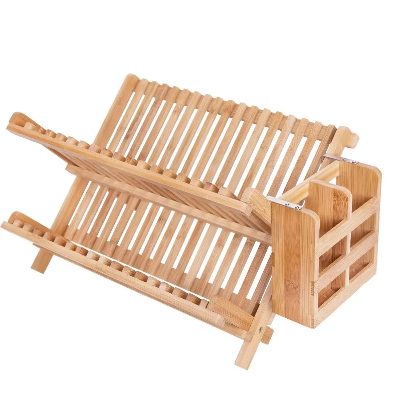 Foldable bamboo folding expandable sink tableware storage rack 2 layers washing drying drain