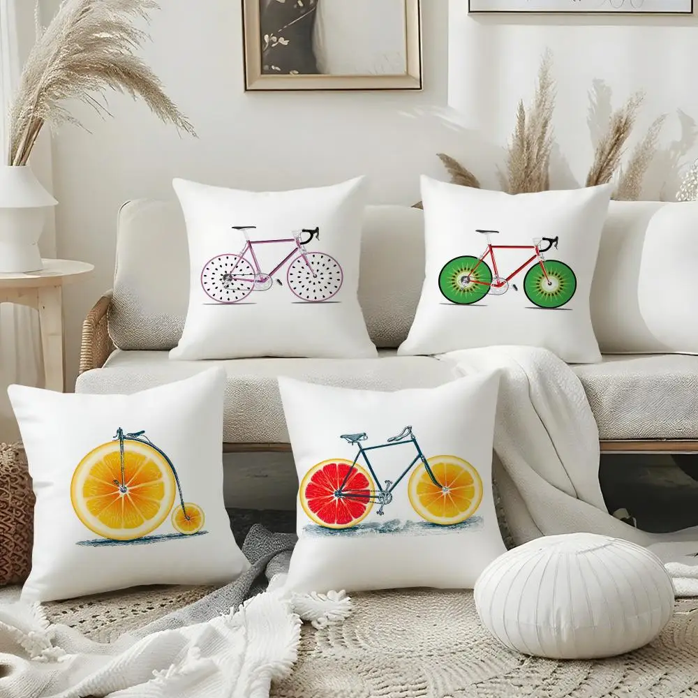 Minimalist Style Fruit Bicycle Pattern Cushion Cover Plush Fabric Soft Double Sided Print Home Sofa High Quality Cushion