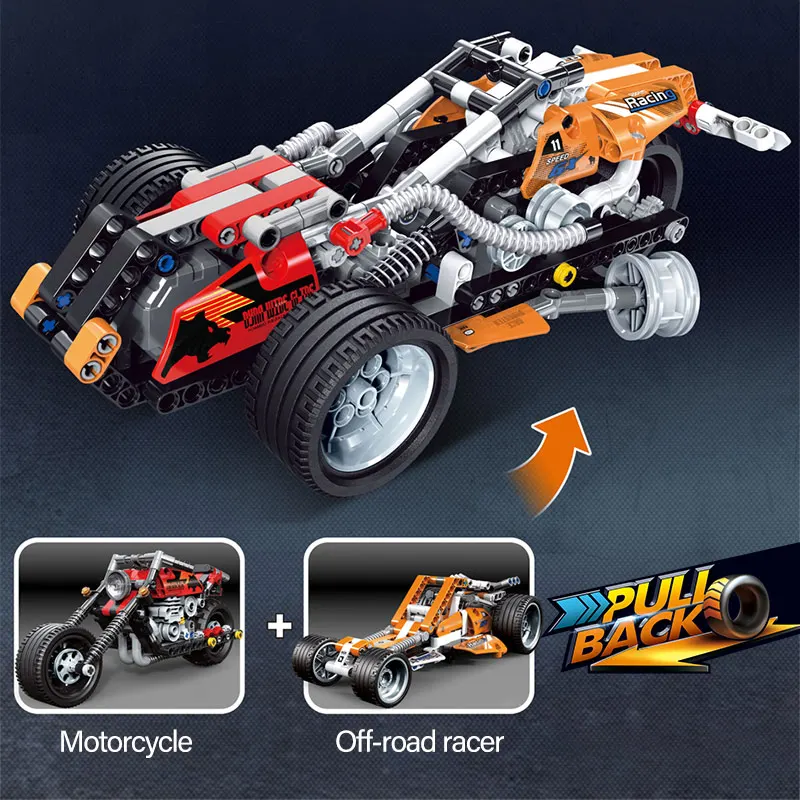 

DIY Off-road Racer Pull Back Car Motorcycle Model Building Blocks Compatible Technical Car Racing MOC Truck Toys for Kids Gifts