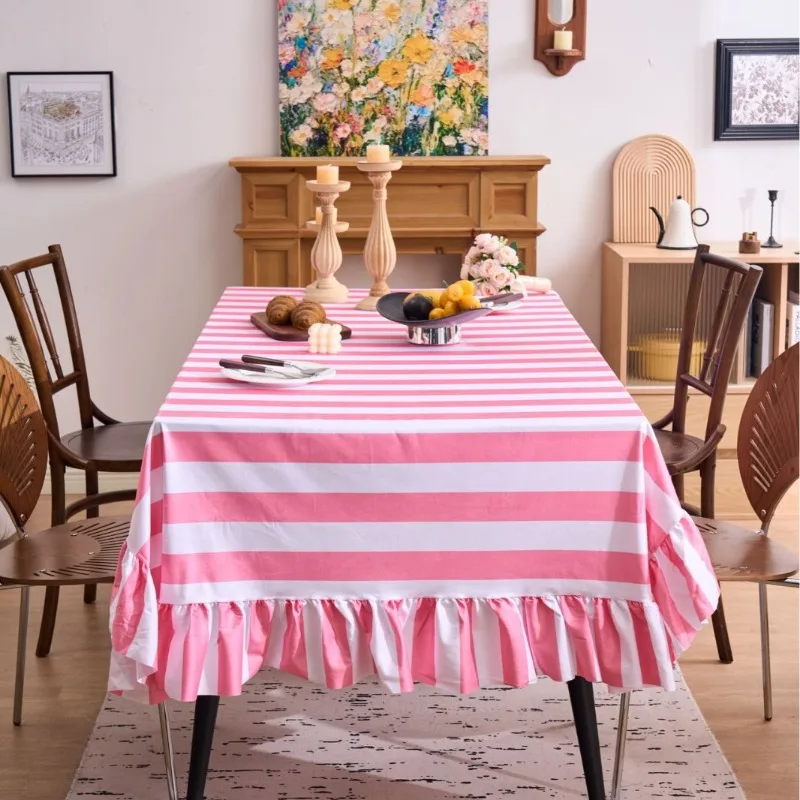 Striped Holland Velvet Tablecloth with Ruffled Skirt Edge Decorative Table Cover for Dining Table Home Tabletop Decoration