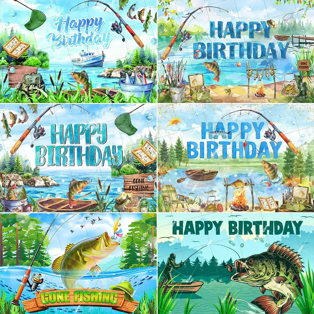 

Gone Fishing Theme Birthday Party Decor Fisherman Fishing Equipment Lake Boat Photography Background Baby Shower Banner Props