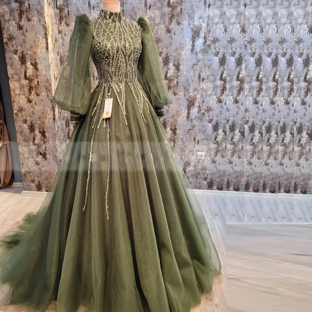 2025, maßgeschneiderte grüne muslimische Abendkleider, Perlenoberteil, Faltenrock, formelles Kleid, Naher Osten, Frauen, Vestidos De Noche, Islam-Damen