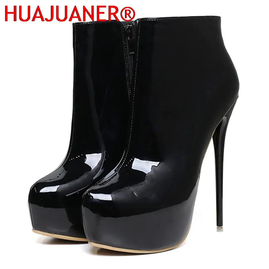 Big Size 35-47 Patent Leather Women Boots Round Toe Side Zipper Super High Heels 16CM Pumps 2023 Sexy Platform Party Shoes Woman