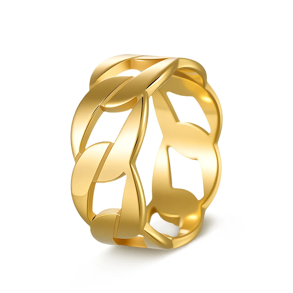 Offener Kettenglieder-Ring für Herren, goldfarben, aus poliertem Edelstahl, Schmuck mit ineinandergreifendem Muster, auffälliger, urbaner Stil. – Detail 8