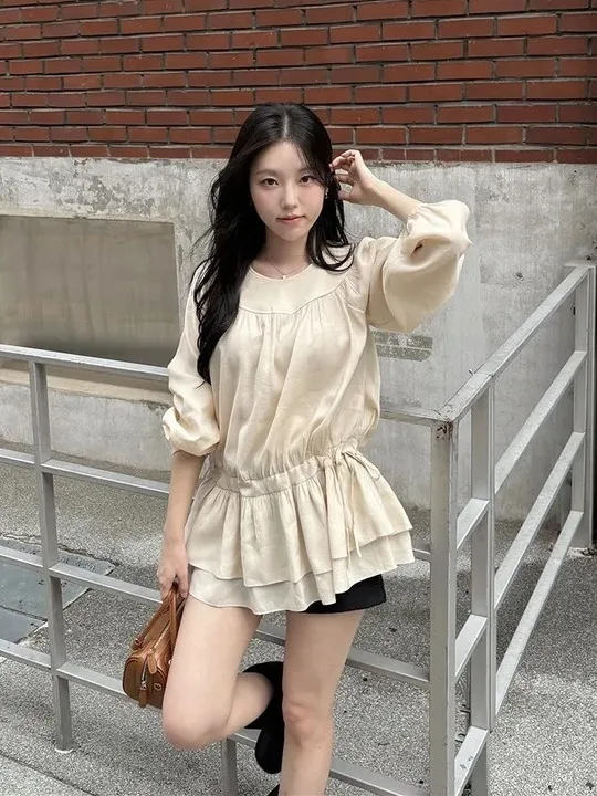 Chic Korean Style Gathered Waist Drawstring Women's Dress Sweet round Neck Long Sleeve Short Skirt City Commute Suitable