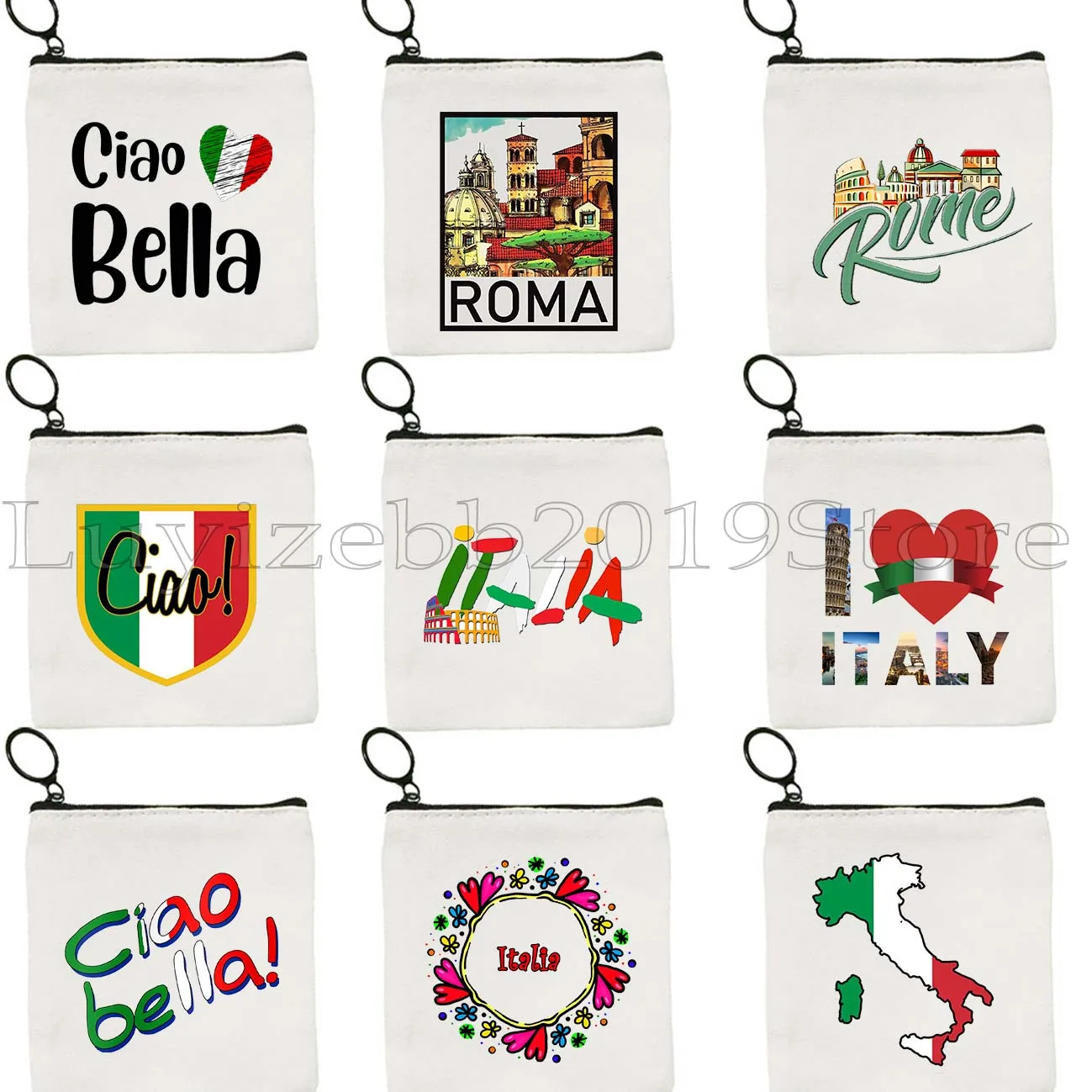 Duomo Florence Forza Italia Colosseum Rome Pisa Ciao Italian Map Heart Flag Italy Canvas Coin Purse Key Case Bag Zipper Pouch