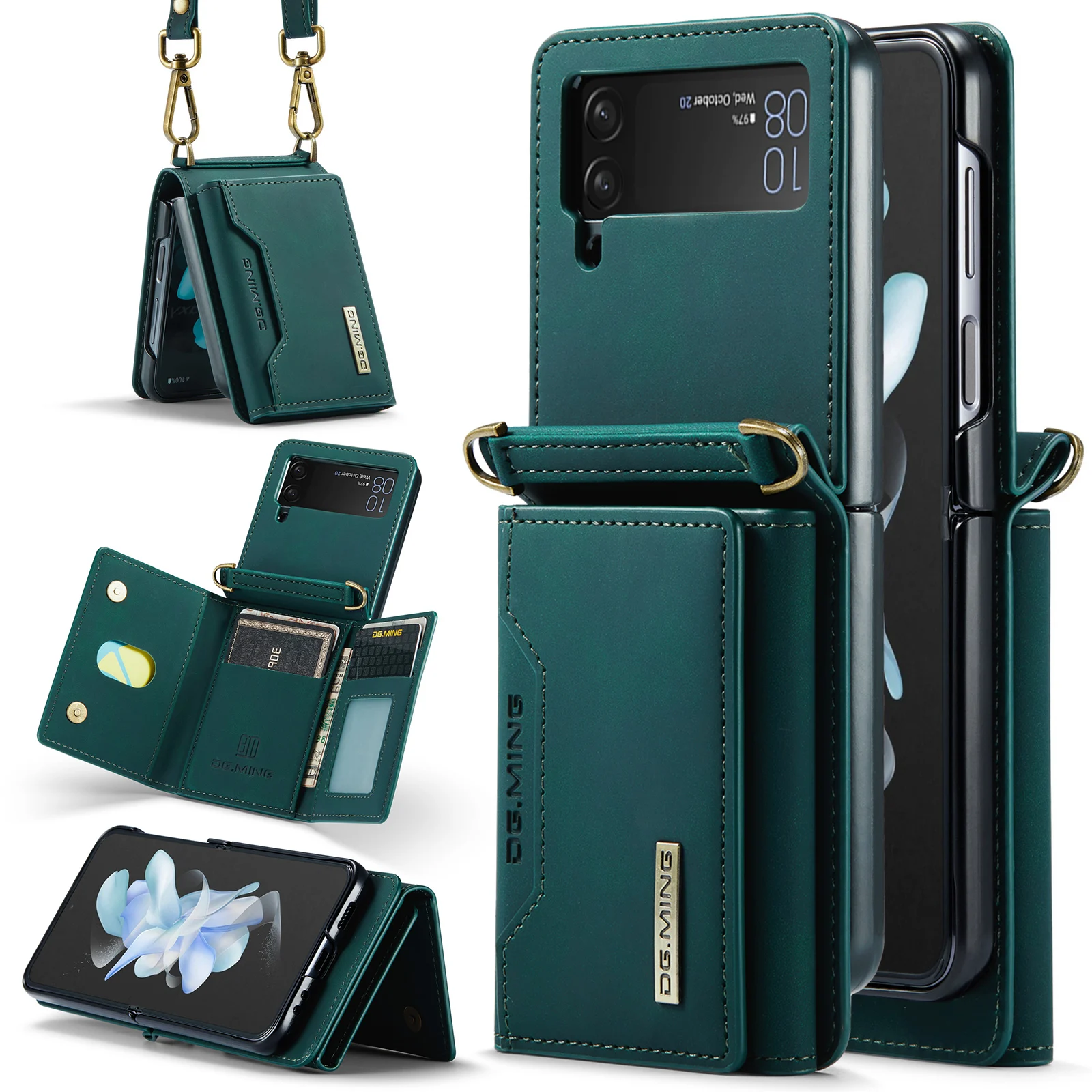 

DG.MING Magnetic Separable Leather Wallet Case for Samsung Galaxy Z Flip 4 3 ZFlip4 Vintage Detached Card Holder Zipper Cover