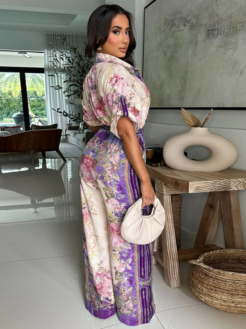 จั๊มพ์สูทสไตล์เสื้อผ้าสตรีทแวร์ลายดอกไม้พิมพ์ลาย ชุดฤดูร้อน เสื้อผ้าผู้หญิงแขนสั้น ชุดรอมเปอร์ ชุดเพลย์สูท ชุดจั๊มพ์สูทแบบชิ้นเดียว