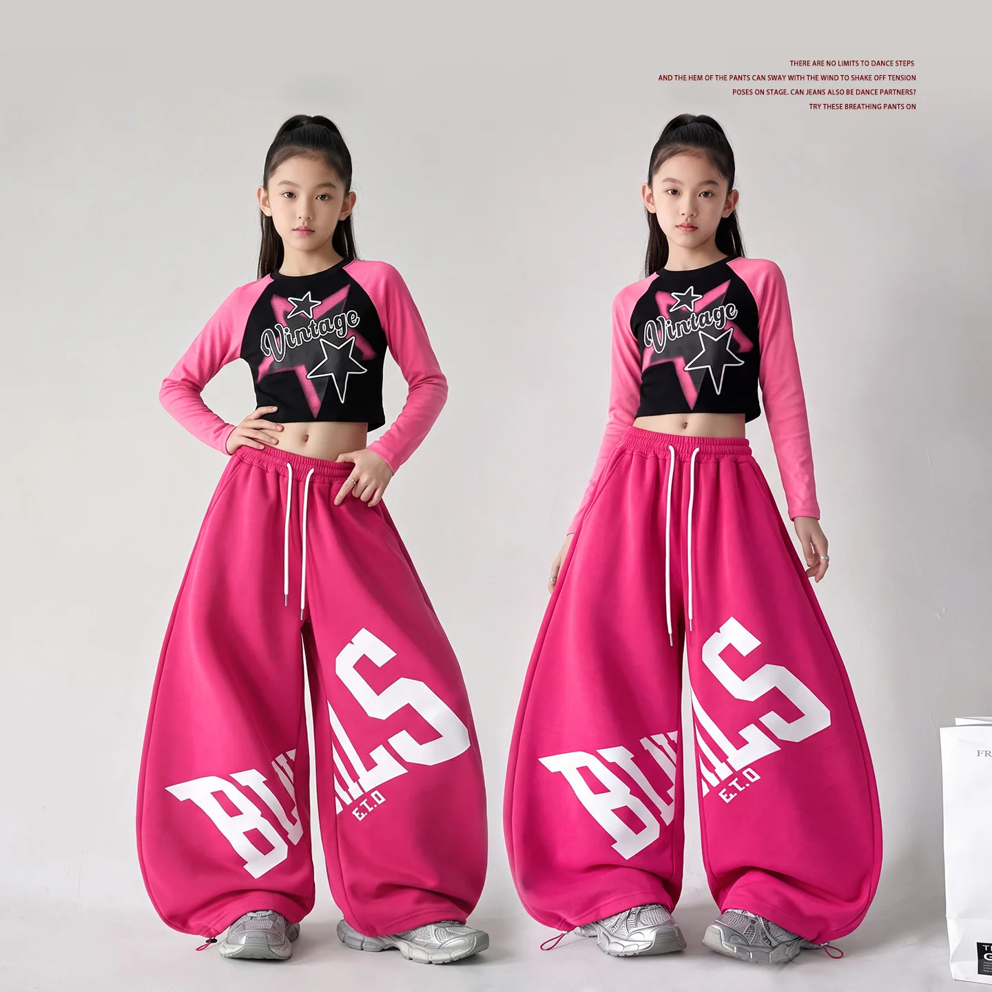 Jazz Hip Hop Dance Clothes for Girls Hot Pink Long Sleeves Tops Baggy Pants Street Dance Set Group Stage Show Competition Wear