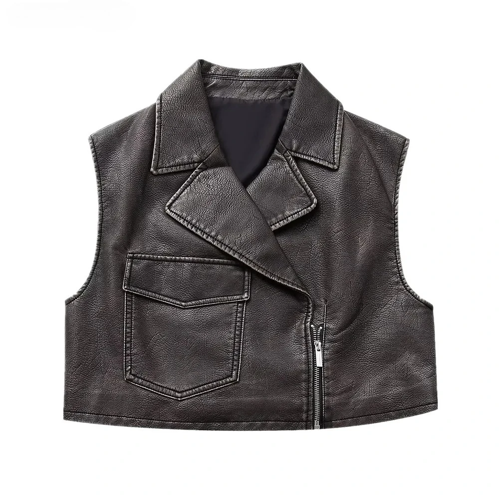 

2025 Autumn Vintage Washing Black PU Leather Sleeveless Jacket Girls Lapel Zipper Short Coat Women Y2K Loose Vest Outerwear