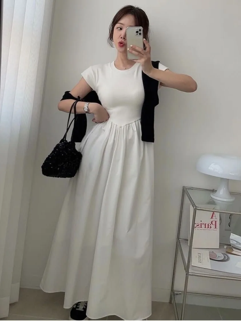 

Chic Summer Knitted Short Sleeve round Neck Dress Women's Slim Fit Pleated A-Line Dress Casual Comfortable Breathable Dress