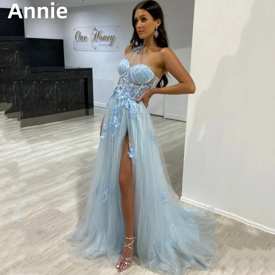 Annie 3D Decals Prom Dresses Shiny Tulle Evening Dress Formal Occasions Blue Sexy Side Slit Princess Homecoming Party Dresses