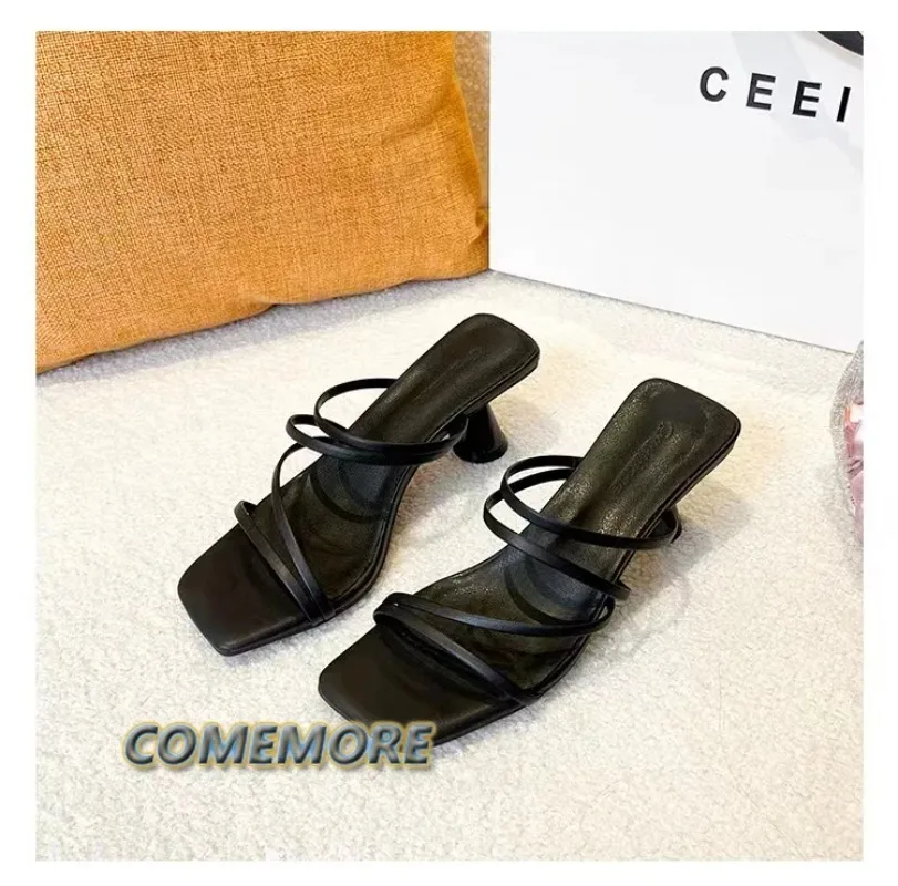 Zomer Nieuwe Dames Slippers Vierkante Teen Grace Smalle Band Effen Casual Sandalen Hoge Hakken Dames Schoenen Sexy Party Black Slippers