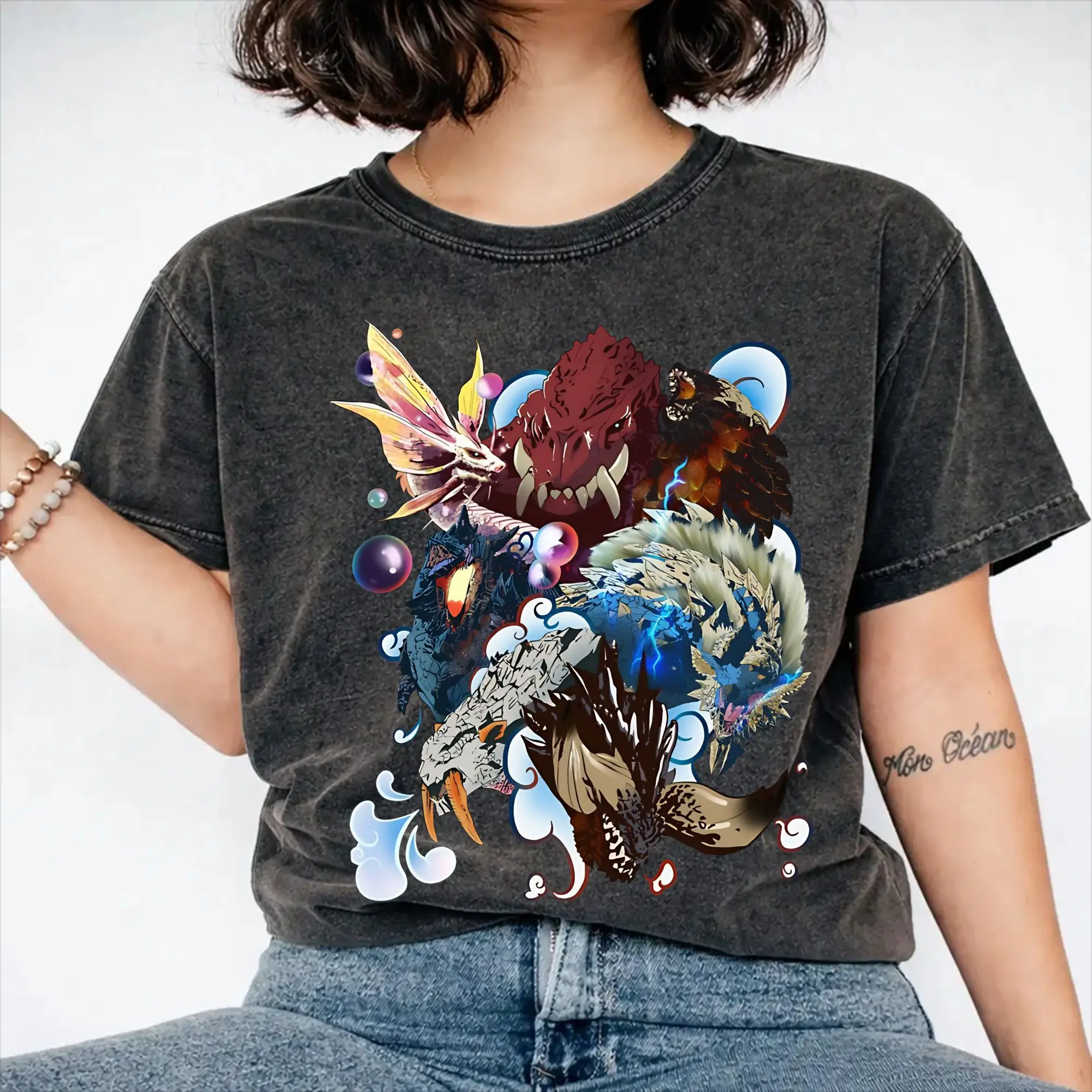 Monster Hunter collage  T Shirt Hip Hop Washed Short Sleeve Oversize T-Shirts  Novelty Men Women Streetwear Printed Tee Shirt