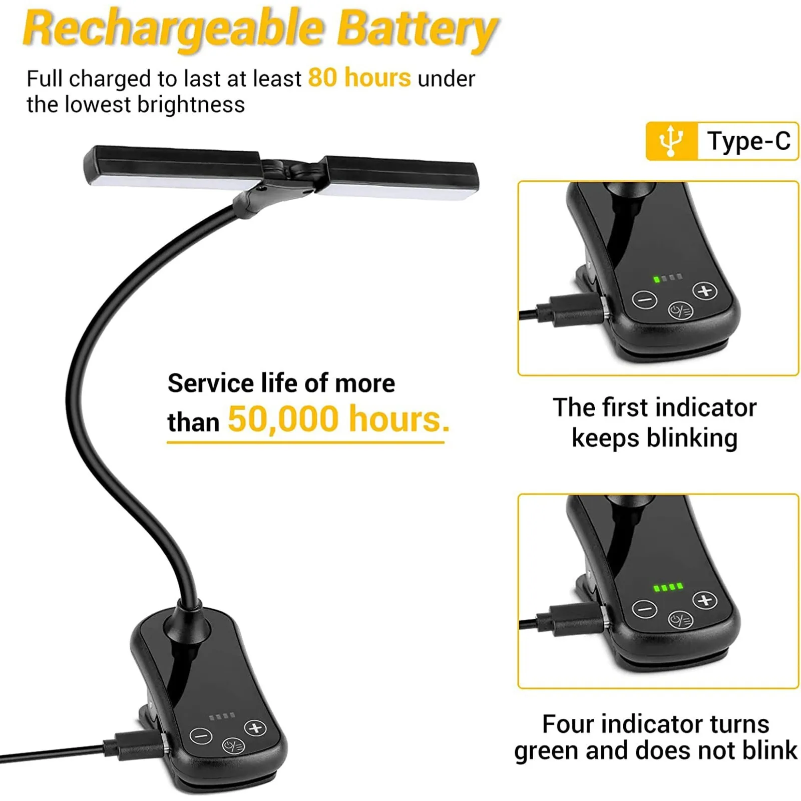 Double Headed LED Touch Reading Light 3Colors Book Lamp USB Rechargeable Clip On Reading Light Indoor Bedroom Lighting