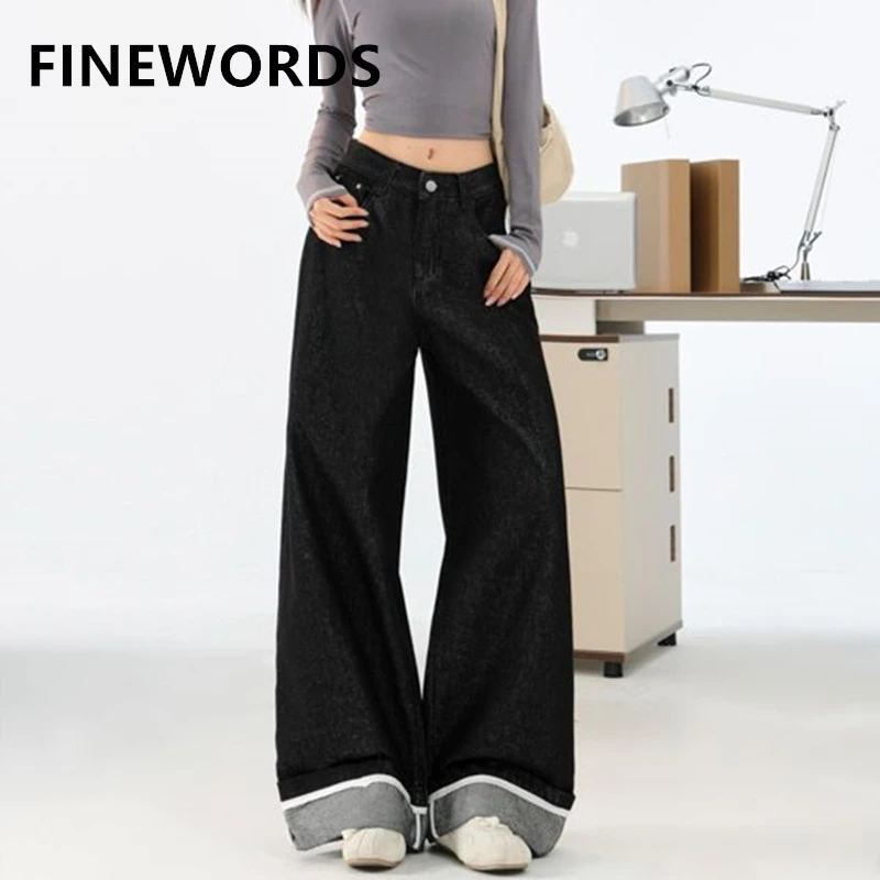 

FINEWORDS Retro Casual Korean Baggy Jeans Women Streetwear High Waist Jean Easymatch Full Length Wide Leg Denim Pants