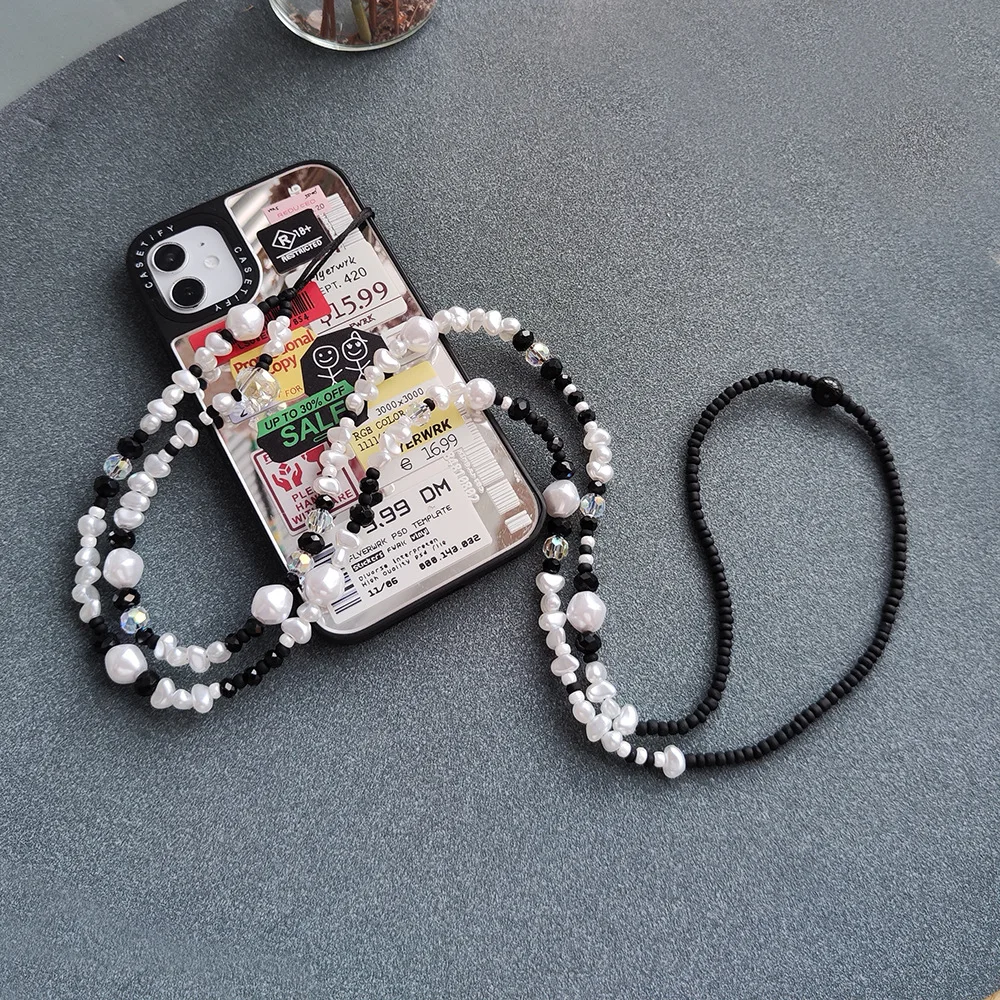 KKBEAD New In Black & White Pearl Beads Skull Phone Chain Cell Phones Charm Long String Y2K Accessories Mobile Lanyard