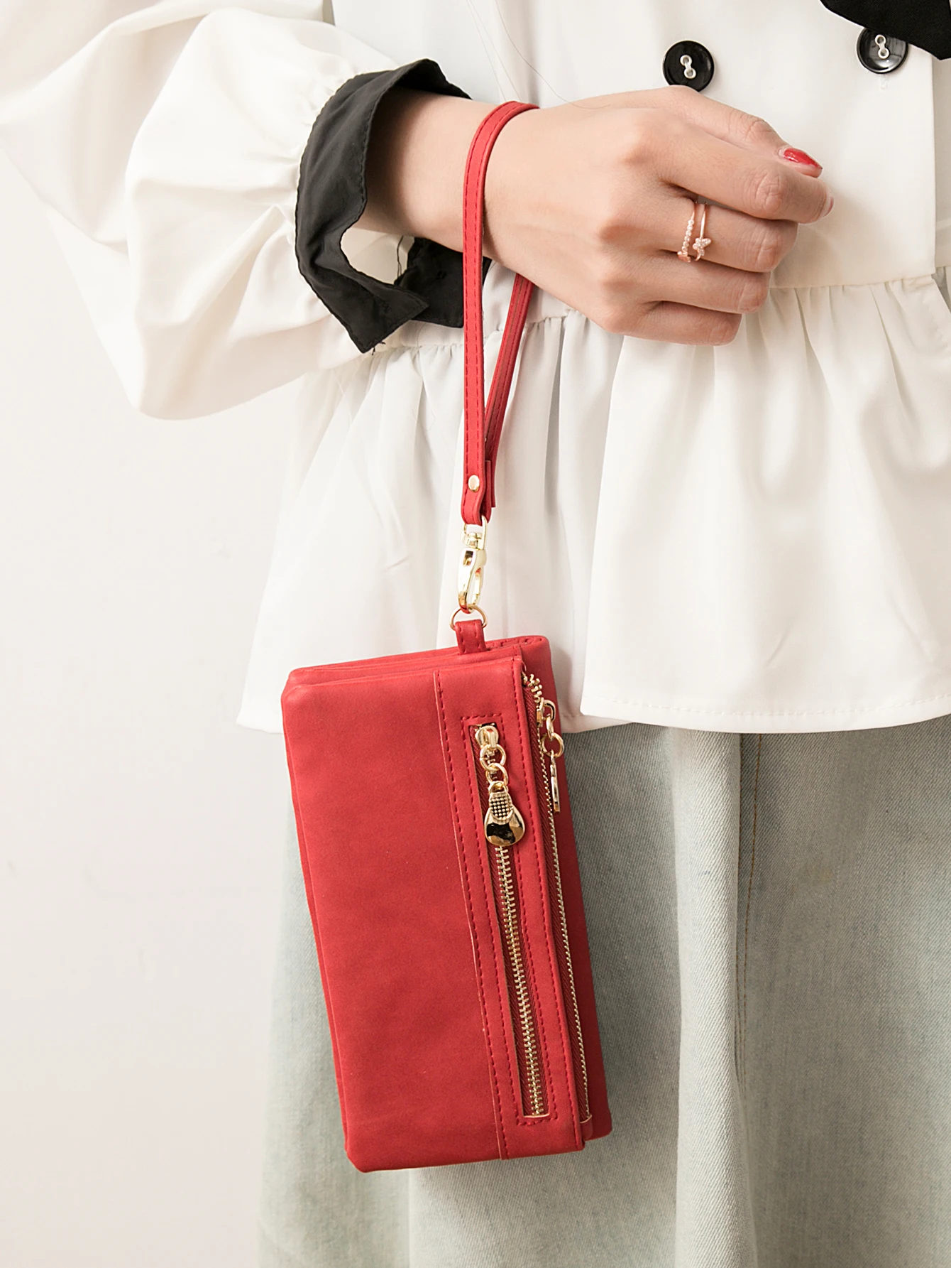 Große Damen-Geldbörse aus mattem Leder mit doppeltem Reißverschluss, Clutch-Handgelenktasche, Handy-, Münz- und Kartenhalter, Multi-Pocket-Geldbörse – Detail 21
