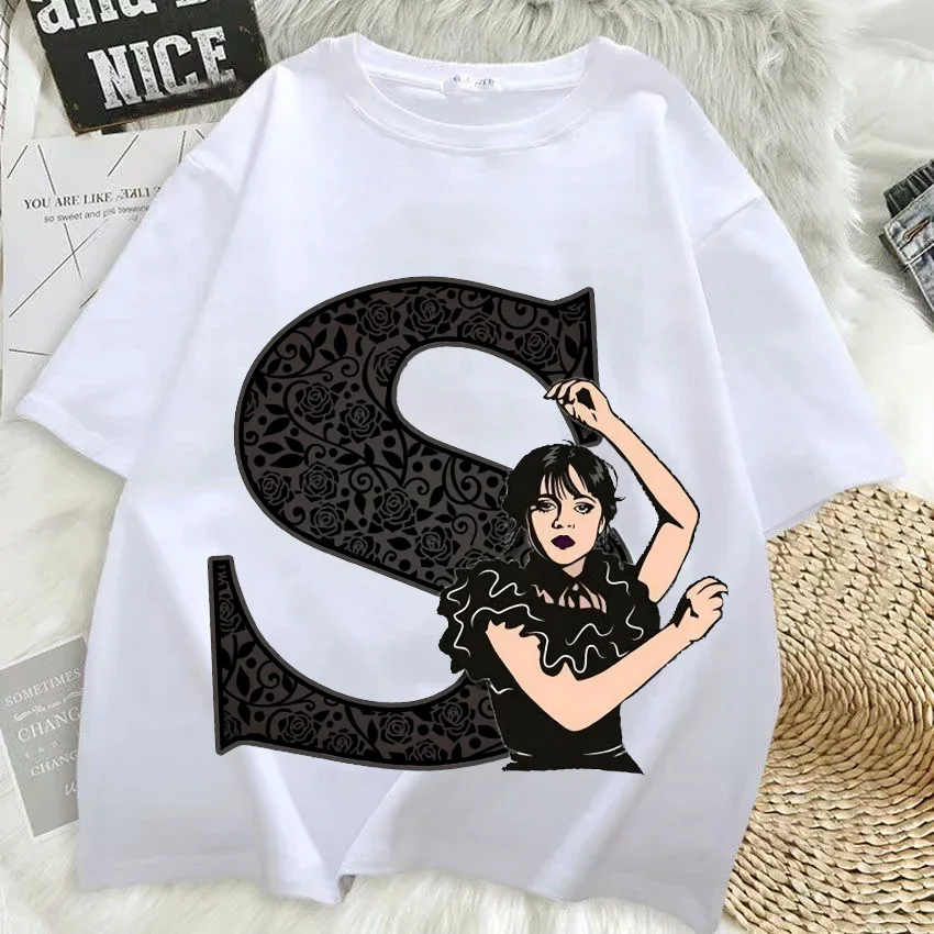 

Wednesday Addams A-Z Alphabet T-shirts Summer Short Sleeve Women Letter Cartoon Print Tee Man Casual Fashion Plus Size Top Gift