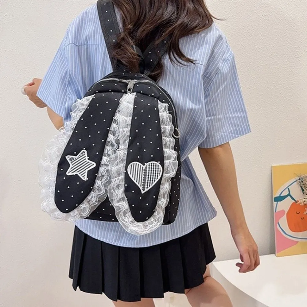Sweet Star Bunny Ear Backpack Love Heart Lace Rabbit Ear School Bag Large Capacity Korean Style Polka Dot Backpack Girls