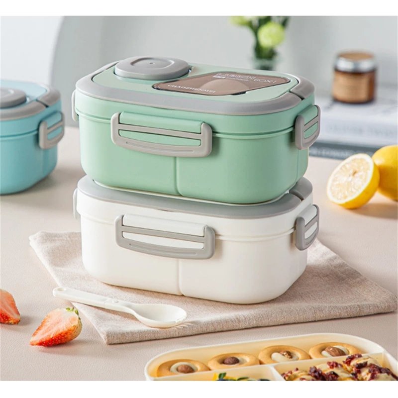 1pc Double Layer Sealed Lunch Box With Carrying Handle, Sauce Container And Elliptical Divided Compartments, Student Bento Box