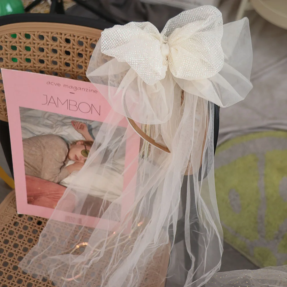 

Hair Hoop Korean Style White Veil Hairband Soft Headwear Mesh Bow Headband Creative Birthday Hat Birthday Photograph Prop Girls