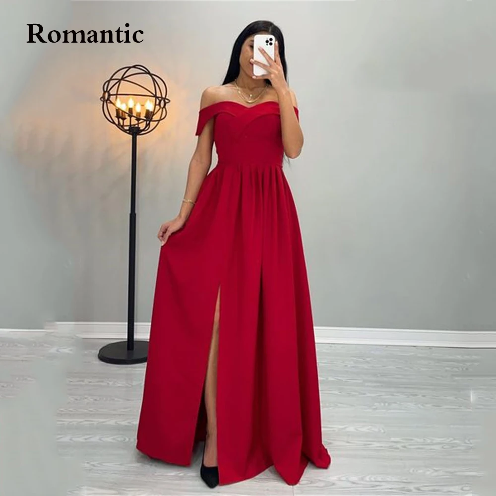 

Romantic Red Satin Evening Gowns Side Slit Off The Shoulder Sweetheart Long Prom Dress Saudi Arabia Vestido Formal Party Invite