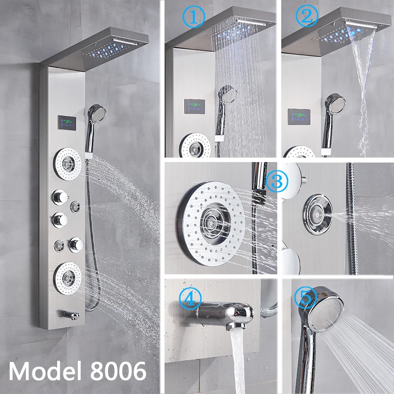 Nickel Bathroom Shower Column Wall Mounted Black LED Shower Panel Faucets Rainfall Digital Screen 6 Modes Mixer Tap